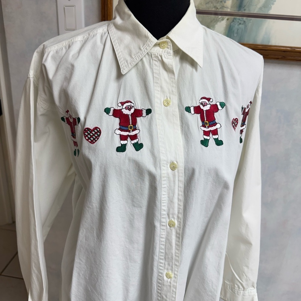 2 pc - Festive White Button Up Shirts with Santa & Teddy Bear Embroidery